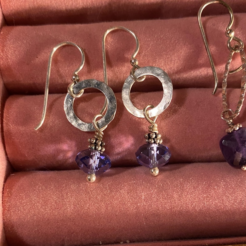 Hammered Sterling Silver Circle with Purple gem Earrings.